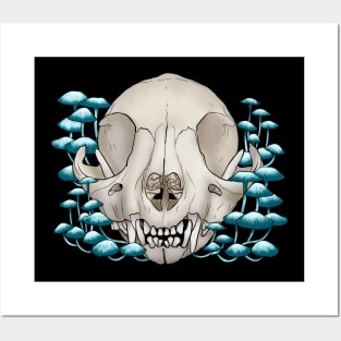 Cat Skull with Blue Mushrooms Posters and Art